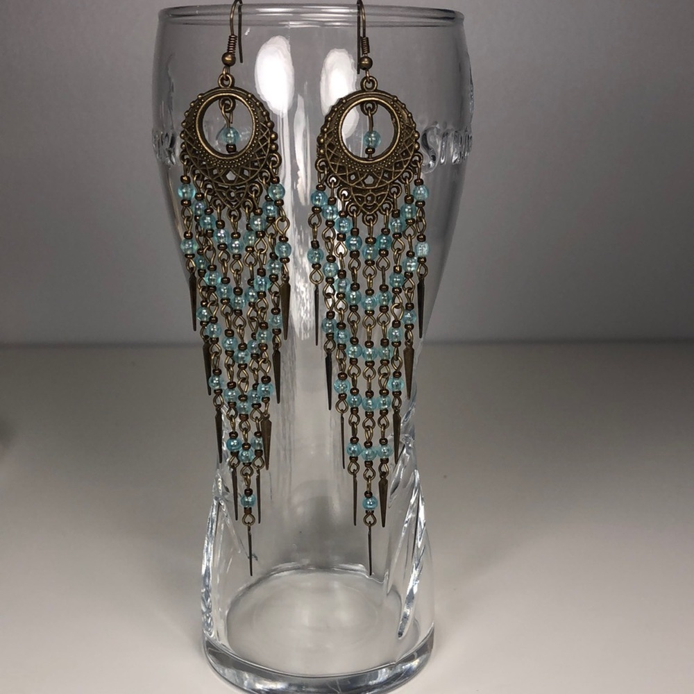 2 Pairs Earrings: Long Dangly Boho Vintage Look & Twisted Silver w/ Blue Beads‌‌